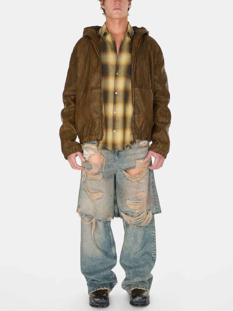 destroyed denim layered pant