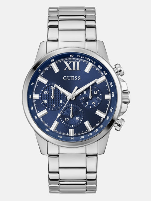 Silver-Tone and Blue Multifunction Watch