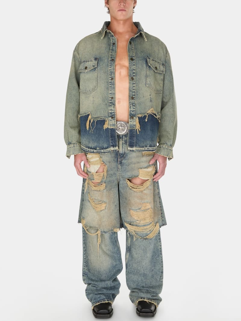 destroyed denim layered pant