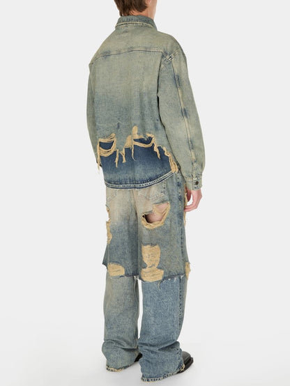 destroyed denim layered pant