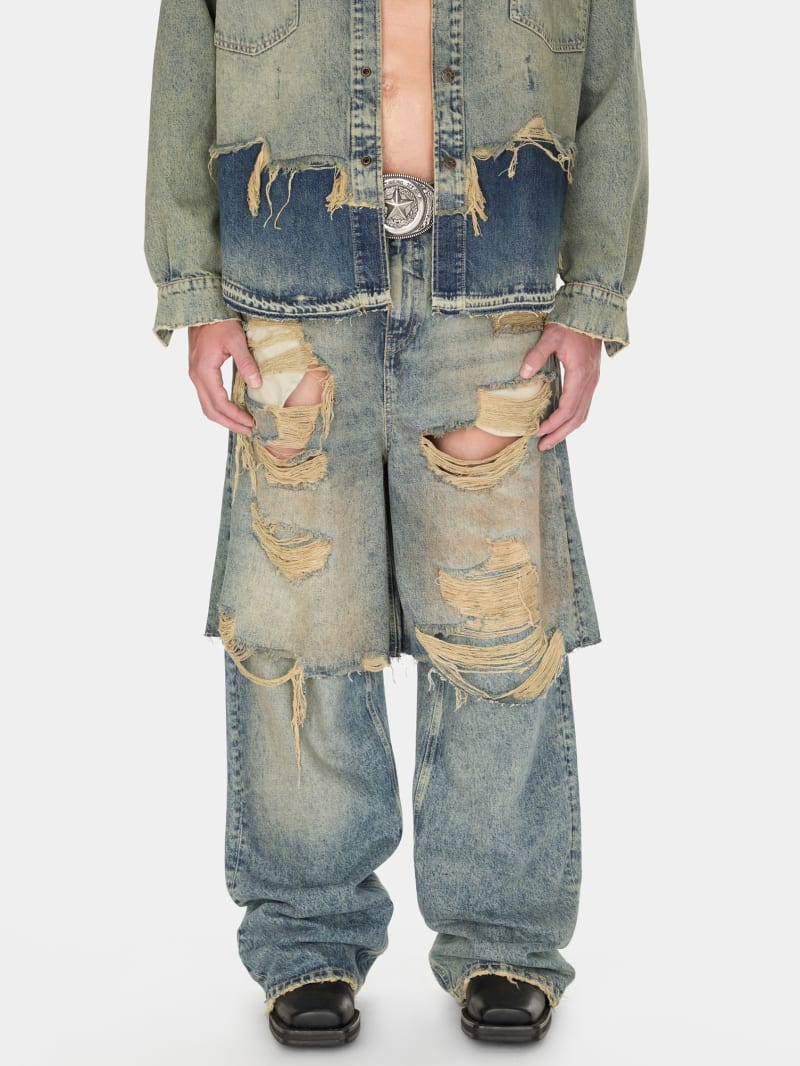 destroyed denim layered pant