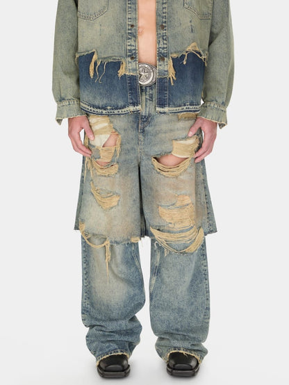 destroyed denim layered pant