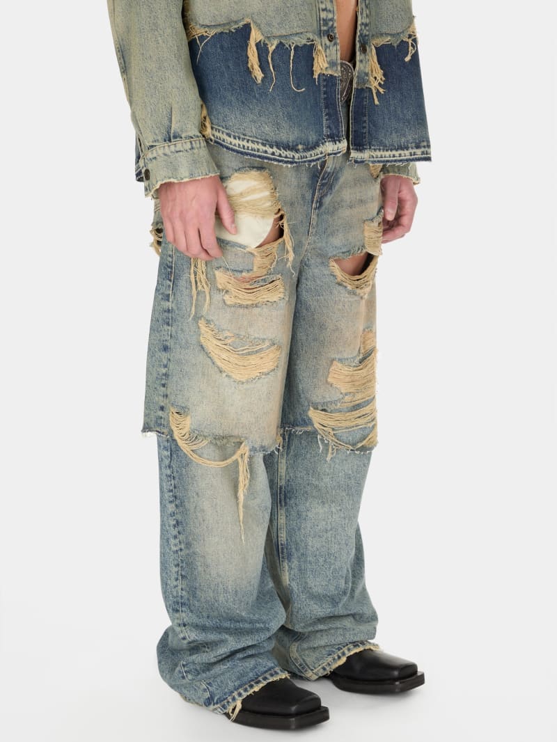 destroyed denim layered pant