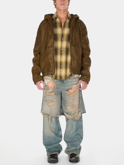 destroyed denim layered pant