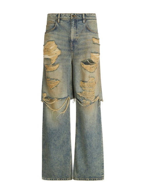 destroyed denim layered pant