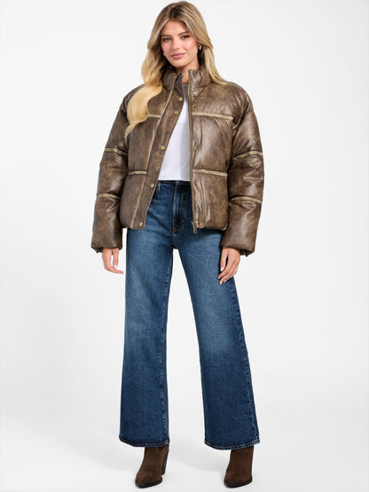 Washed Faux-Leather Puffer Jacket