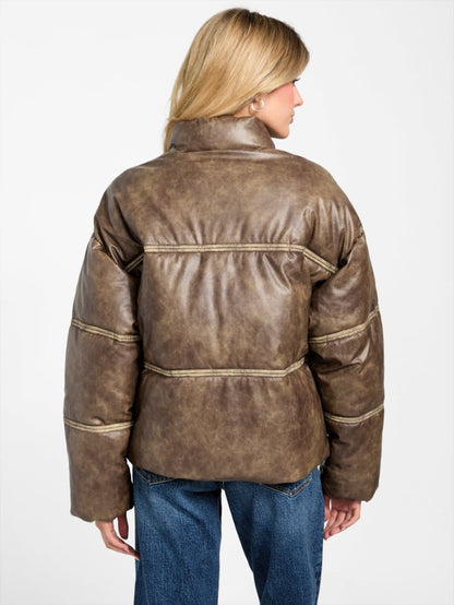 Washed Faux-Leather Puffer Jacket