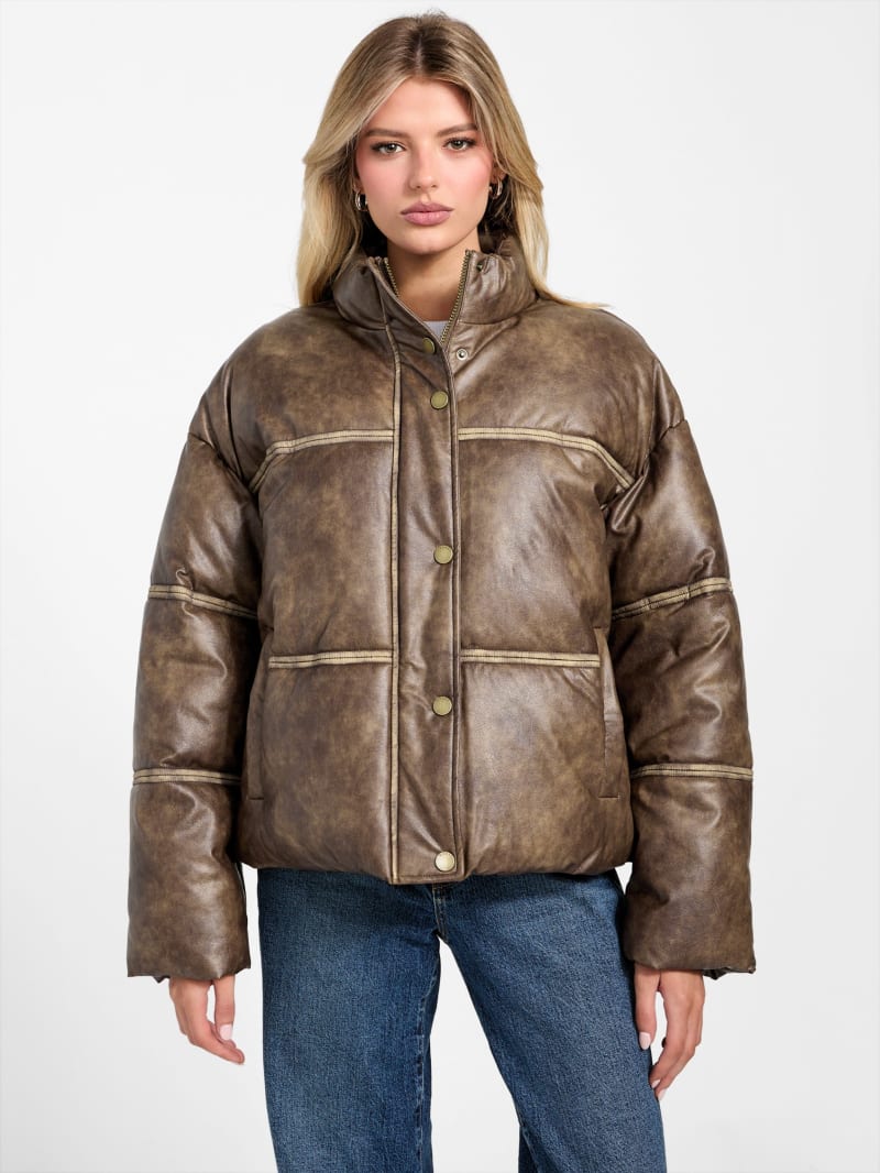 Washed Faux-Leather Puffer Jacket