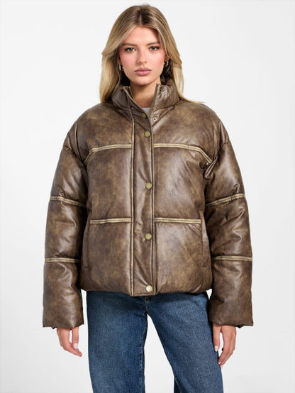 Washed Faux-Leather Puffer Jacket
