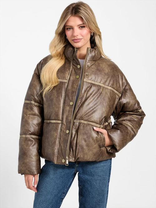 Washed Faux-Leather Puffer Jacket