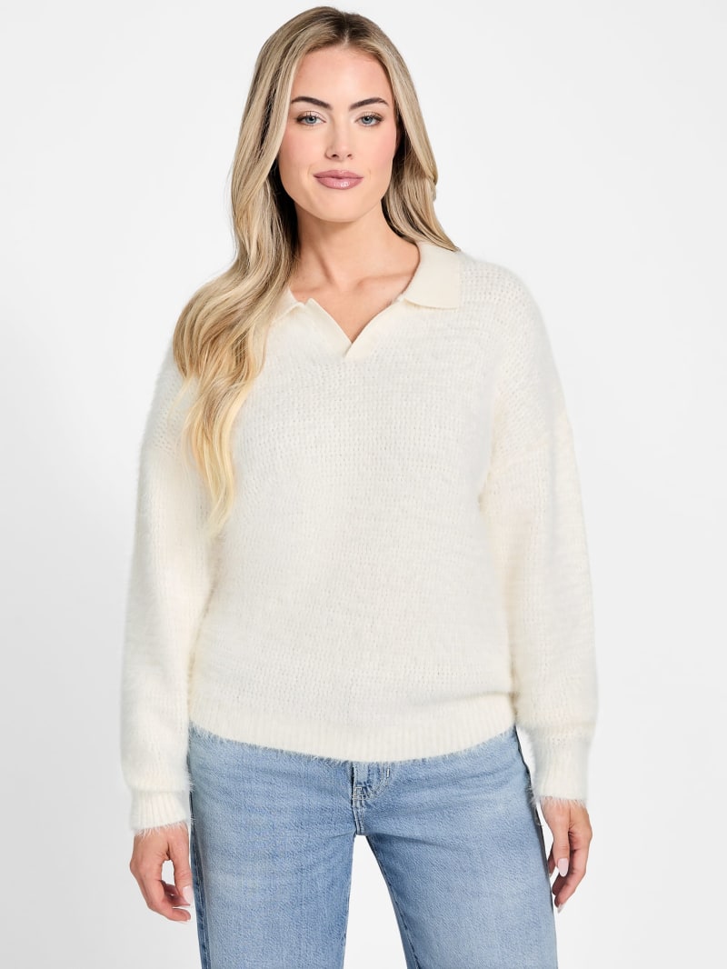Seema Fuzzy-Knit Polo Sweater